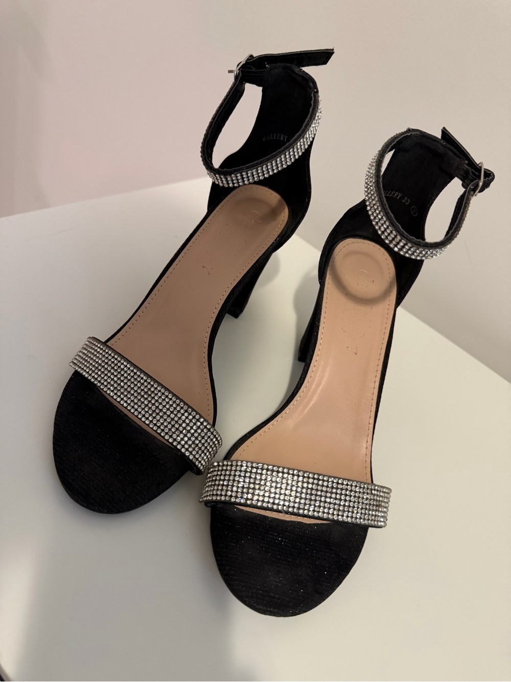 Charlotte Russe Black Heeled Sandals with Rhinestone Straps